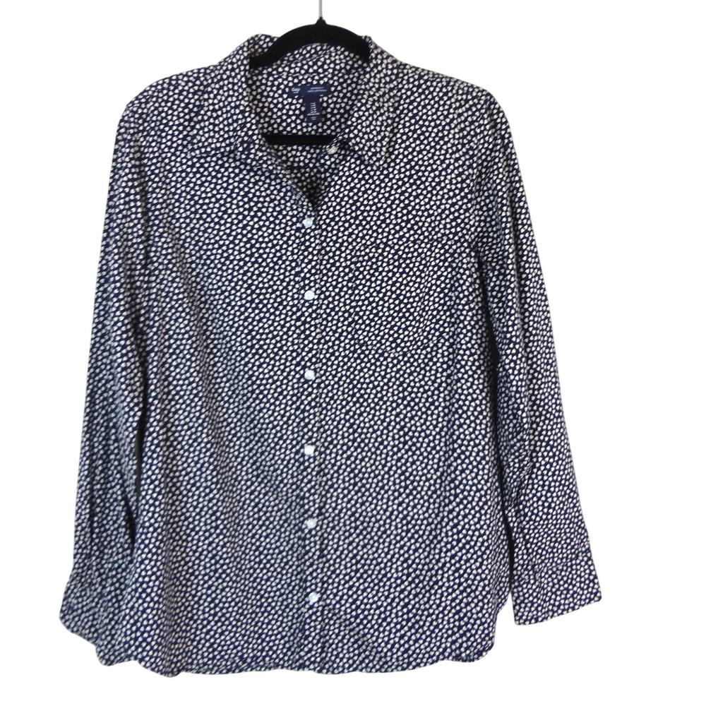 GAP Navy Blue White Hearts Boyfriend Fit Button Up Top Womens COTTON Medium